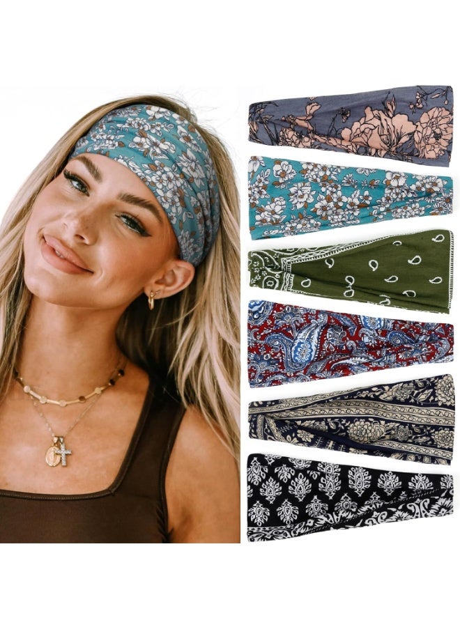 TEMPO 6 Pack Wide Elastic Sports Sweatband Headbands for Women & Men | Soft Stretchy Thin Hair Bands for Yoga, Workout, Running & Daily Use, Non-Slip Accessories Bands for Fashion - Image 1