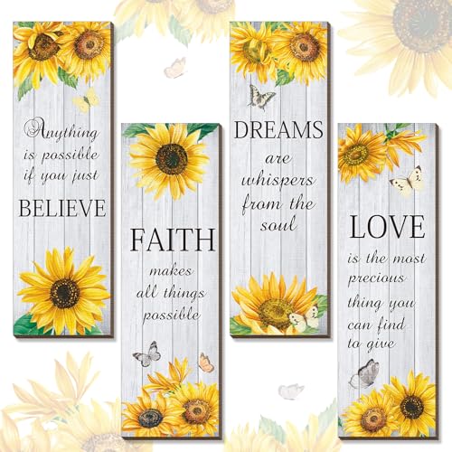 Qunclay 4 Pcs Sunflower Wall Decor Inspirational Sunflower Kitchen Decor and Accessories Wooden Rustic Farmhouse Yellow Flowers Wall Art Decoration for Home Bathroom Office Living RoomWhite