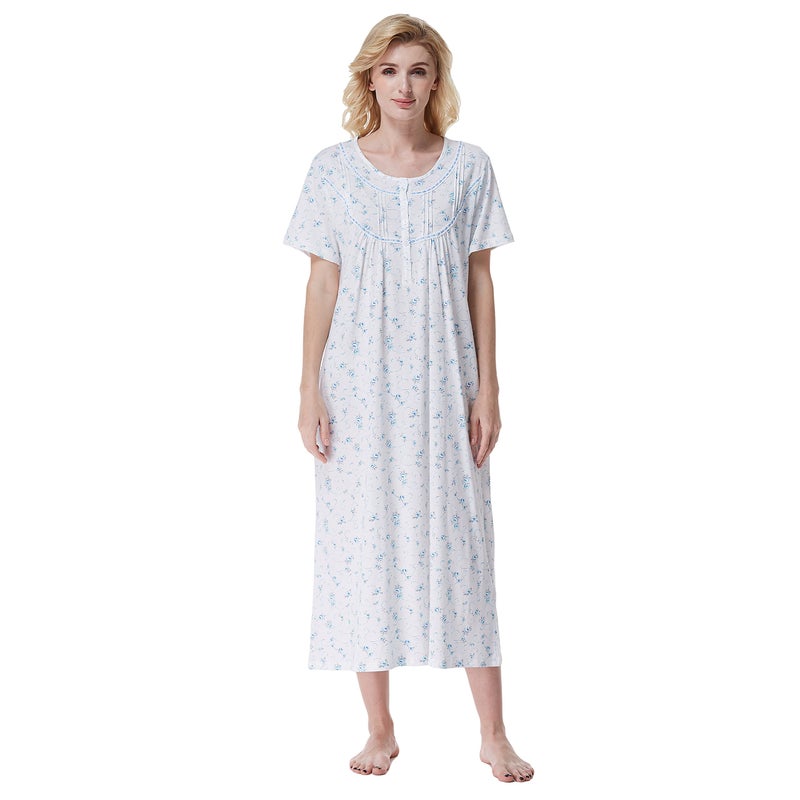 Keyocean Womenâ€˜s Nightgowns, Soft Lightweight 100% Cotton Lace Trim Short Sleeves Ladies Nightdress Gown for Summer, Blue Floral, X-Large (XL) - Image 1