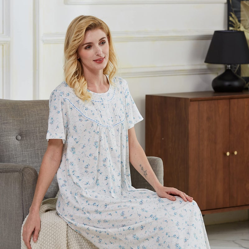 Keyocean Womenâ€˜s Nightgowns, Soft Lightweight 100% Cotton Lace Trim Short Sleeves Ladies Nightdress Gown for Summer, Blue Floral, X-Large (XL) - Image 4