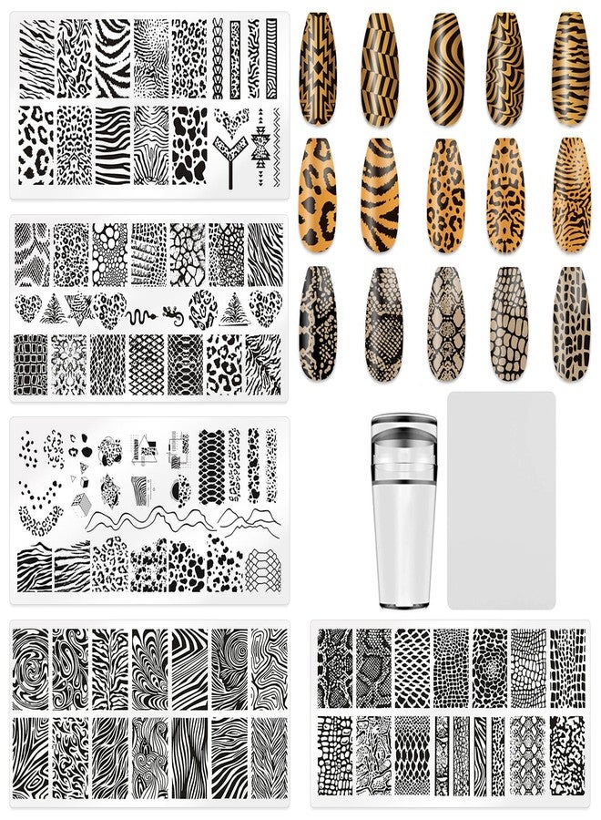 HYWWPFLAY 5Pcs Leopard Print Nail Stamp Nail Stamping Plates Nail Art Stamping Plates Nail Design Stamp Nail Plate Template Nail Art Accessories Tools with 1 Nail Stamper, 1 Scraper - Image 1