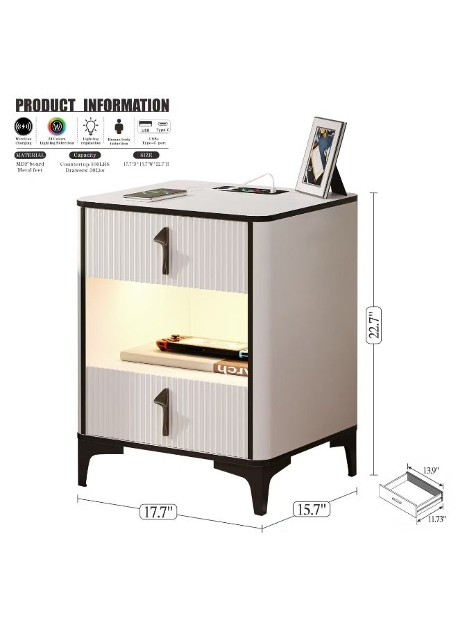 Generic Smart Nightstand/Bedside Table with Wireless Charging Station & Human Sensor LED Light, 2 Drawers Modern End Side Table with USB & Type-C Port for Living Room Bedroom Office, 9190 (White)  - Image 2