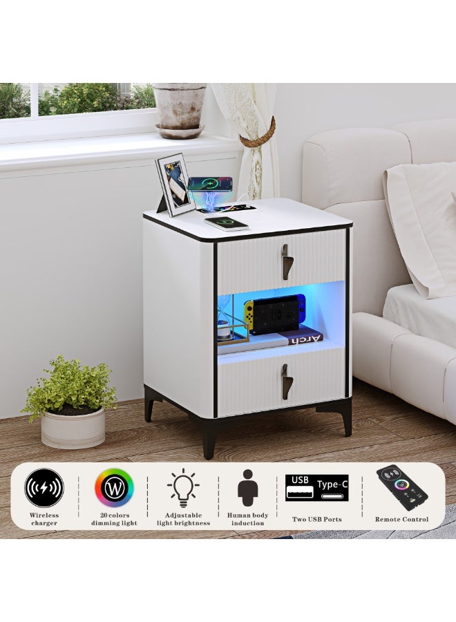 Generic Smart Nightstand/Bedside Table with Wireless Charging Station & Human Sensor LED Light, 2 Drawers Modern End Side Table with USB & Type-C Port for Living Room Bedroom Office, 9190 (White)  - Image 3