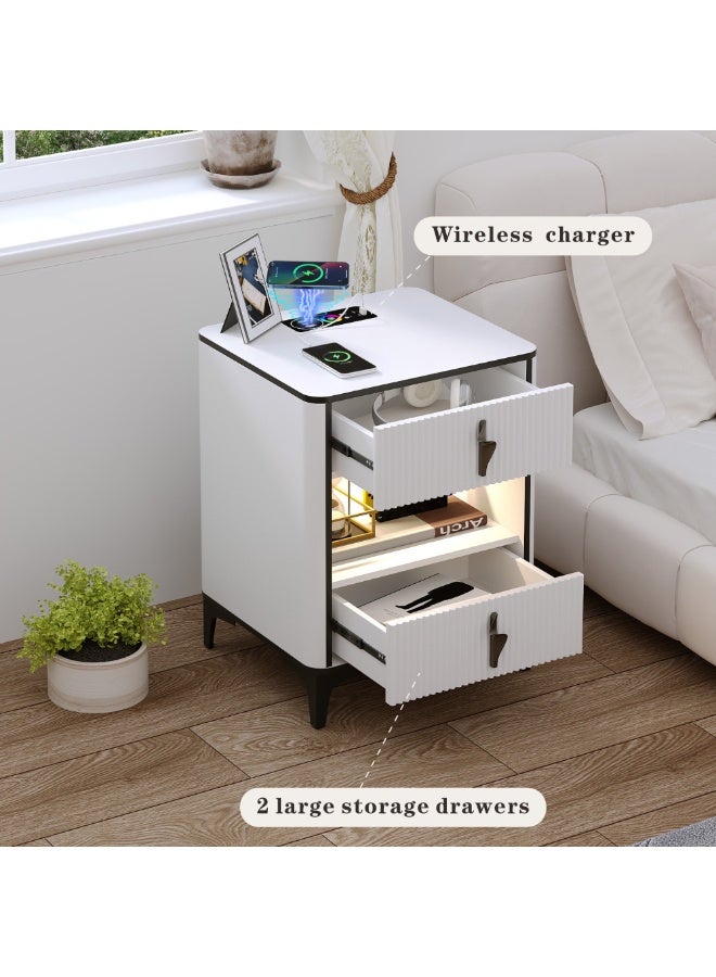 Generic Smart Nightstand/Bedside Table with Wireless Charging Station & Human Sensor LED Light, 2 Drawers Modern End Side Table with USB & Type-C Port for Living Room Bedroom Office, 9190 (White)  - Image 4