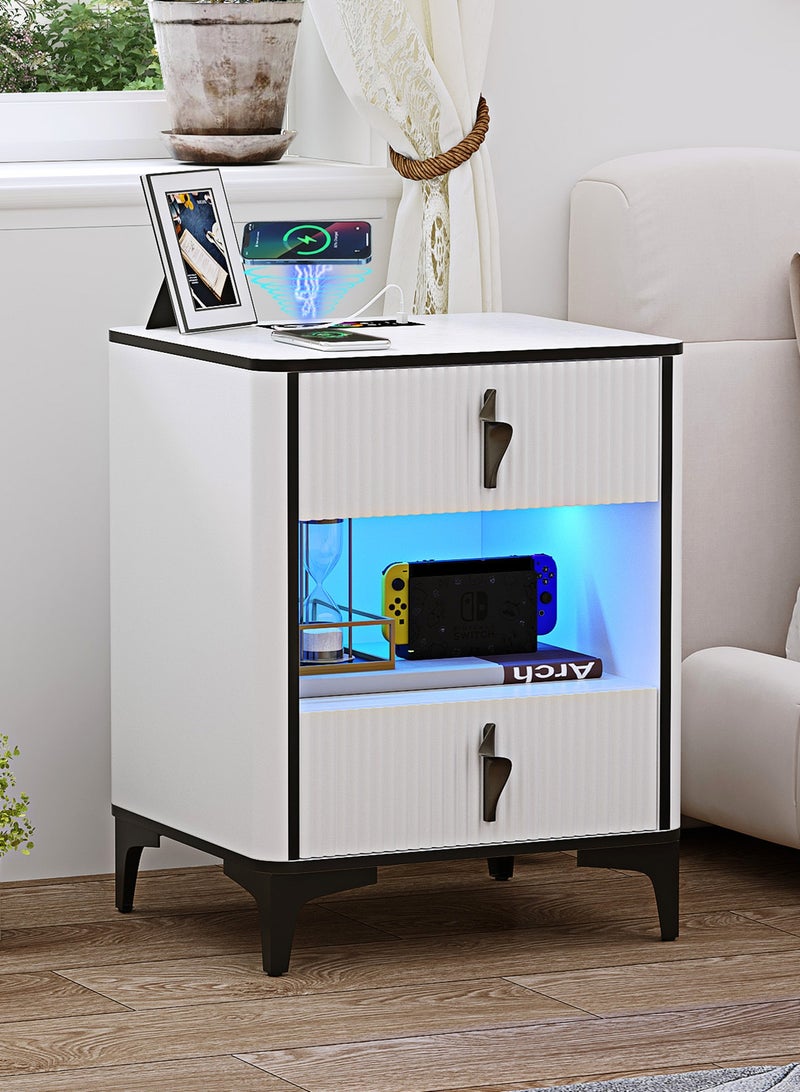 Generic Smart Nightstand/Bedside Table with Wireless Charging Station & Human Sensor LED Light, 2 Drawers Modern End Side Table with USB & Type-C Port for Living Room Bedroom Office, 9190 (White)  - Image 1