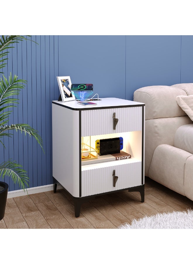 Generic Smart Nightstand/Bedside Table with Wireless Charging Station & Human Sensor LED Light, 2 Drawers Modern End Side Table with USB & Type-C Port for Living Room Bedroom Office, 9190 (White)  - Image 5