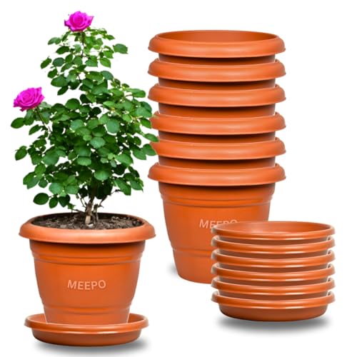 Meepo Brown Planters with Bottom Plates - 6 Pcs, Gamla Pots for Home, Plant Containers, Indoor Outdoor Balcony Flower Pots, Drip Tray Pots with Plates (8 Inch, Pack of 6) - Image 1