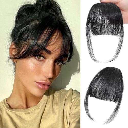 NAYOO Bangs Hair Clip in Bangs 100% Real Human Hair Extensions Natural Black Wispy Bangs Clip on Air Bangs for Women Fringe with Temples Hairpieces Curved Bangs for Daily Wear - Image 1