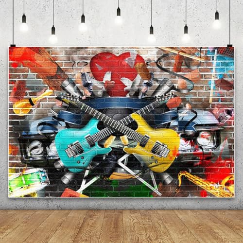 AOFOTO 7x5ft Rock and Roll Music Guitar Backdrop Graffiti Brick Wall Grunge Punk 80s 90s Discos Concert Hip Hop Photography Background Music Night Karaoke Birthday Decoration Party Supplies Banner - Image 2