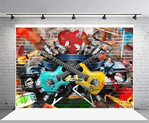 AOFOTO 7x5ft Rock and Roll Music Guitar Backdrop Graffiti Brick Wall Grunge Punk 80s 90s Discos Concert Hip Hop Photography Background Music Night Karaoke Birthday Decoration Party Supplies Banner - Image 1