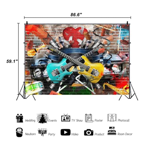 AOFOTO 7x5ft Rock and Roll Music Guitar Backdrop Graffiti Brick Wall Grunge Punk 80s 90s Discos Concert Hip Hop Photography Background Music Night Karaoke Birthday Decoration Party Supplies Banner - Image 3