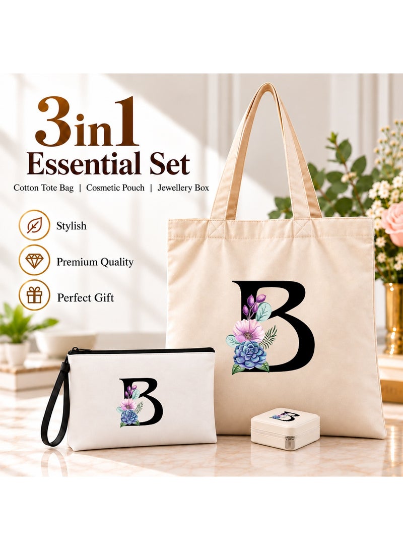 برينت شوب فور مي مجموعة هدايا (حرف مزين بالزهور): حقيبة تسوق (Tote Bag) + حقيبة صغيرة (Pouch) + علبة مجوهرات (3 في 1) - Image 2