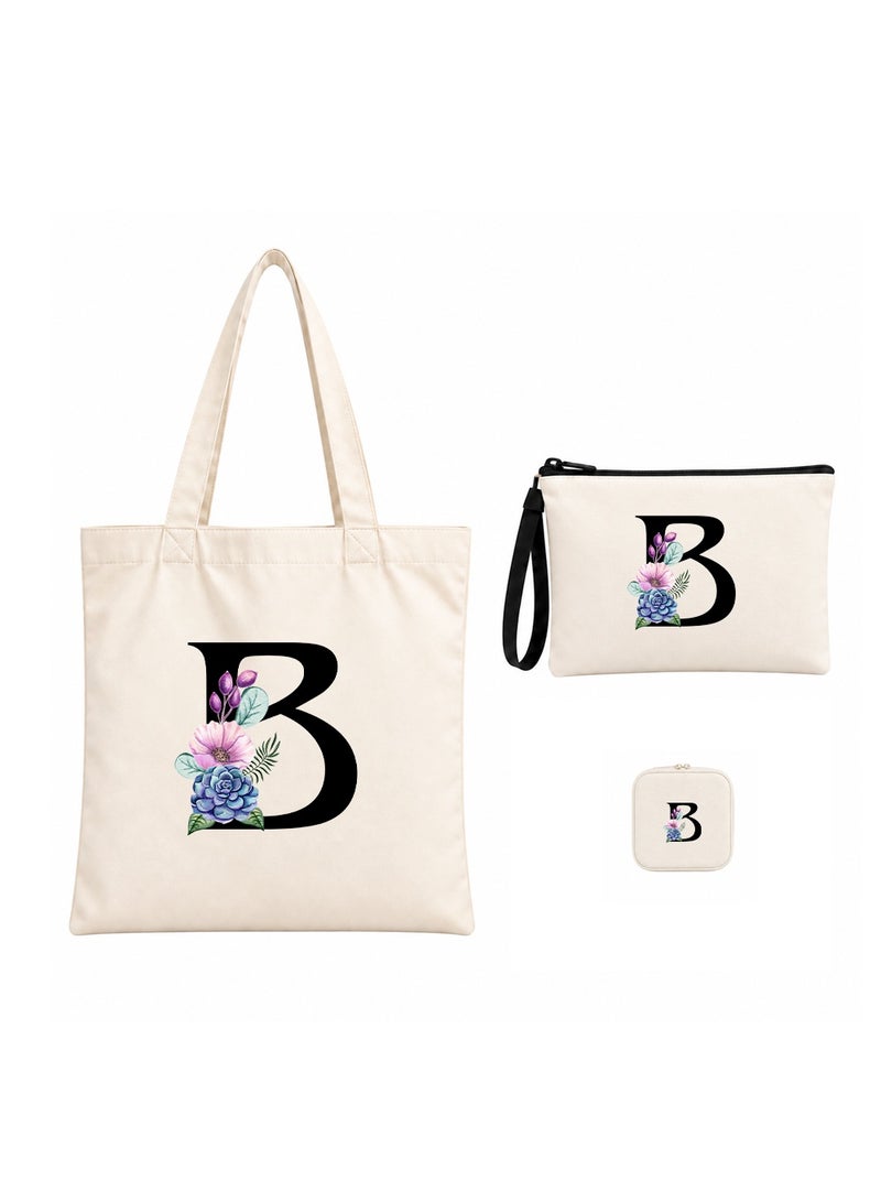برينت شوب فور مي مجموعة هدايا (حرف مزين بالزهور): حقيبة تسوق (Tote Bag) + حقيبة صغيرة (Pouch) + علبة مجوهرات (3 في 1) - Image 1