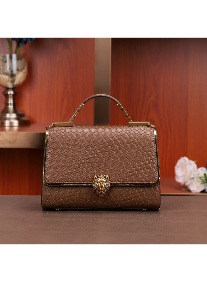 POHO Lion logo design capacity handbag, a stylish and exquisite classic style with woven pattern, brown version  - Image 4