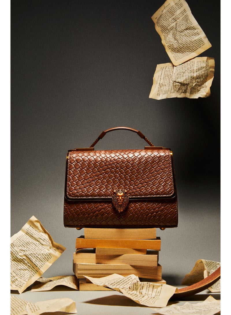 POHO Lion logo design capacity handbag, a stylish and exquisite classic style with woven pattern, brown version  - Image 1