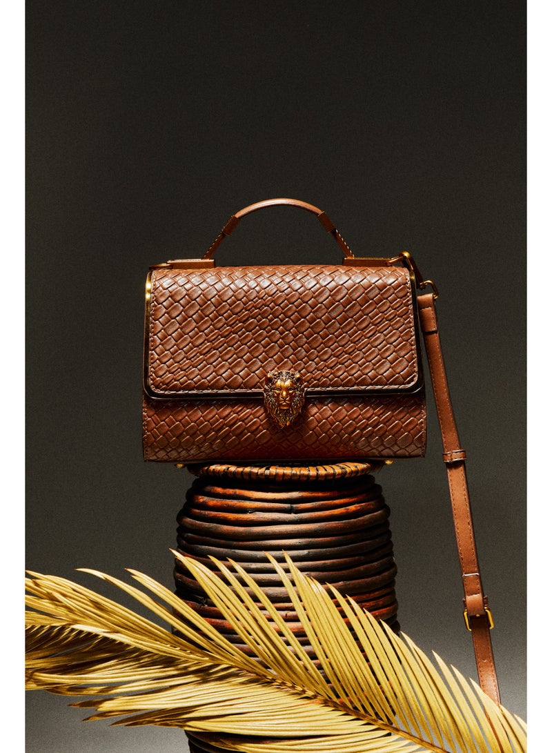 POHO Lion logo design capacity handbag, a stylish and exquisite classic style with woven pattern, brown version  - Image 2