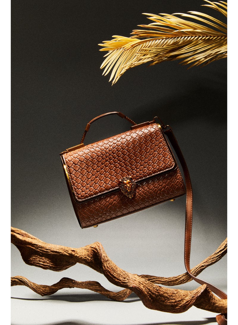 POHO Lion logo design capacity handbag, a stylish and exquisite classic style with woven pattern, brown version  - Image 3
