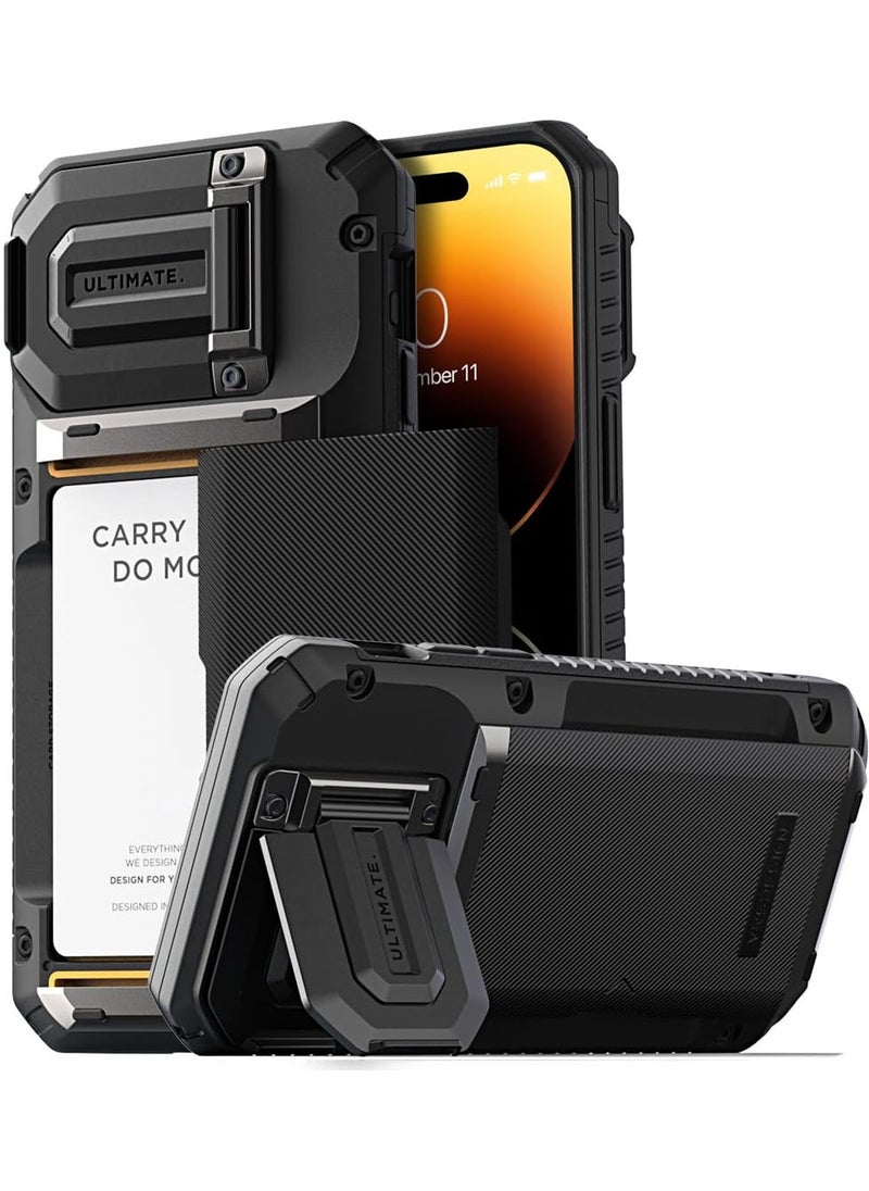 VRS Design Damda Glide Duo Guard iPhone 15 Pro MAX Case Cover Wallet with Semi Automatic Credit Card Holder Slot [4 Cards] & Camera Lens Protector Kickstand - Black Groove  - Image 1