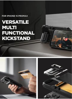 VRS Design Damda Glide Duo Guard iPhone 15 Pro MAX Case Cover Wallet with Semi Automatic Credit Card Holder Slot [4 Cards] & Camera Lens Protector Kickstand - Black Groove  - Image 3