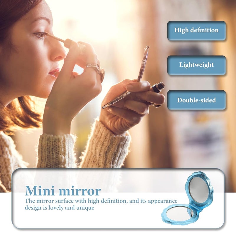 KICHOUSE Holographic Shell Makeup Mirror Small Double-Sided Compact Mirror with Blue Fish Scale Pattern Portable for Purse and Travel - Image 3