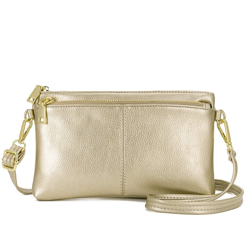 ZOOEASS Triple Zip Small Crossbody Bag Lightweight Purses Vegan Leather Wristlet Clutch, Includes Adjustable Shoulder (Gold) - Image 1