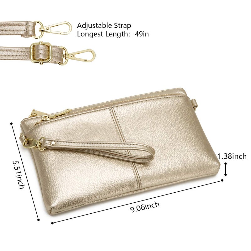 ZOOEASS Triple Zip Small Crossbody Bag Lightweight Purses Vegan Leather Wristlet Clutch, Includes Adjustable Shoulder (Gold) - Image 4