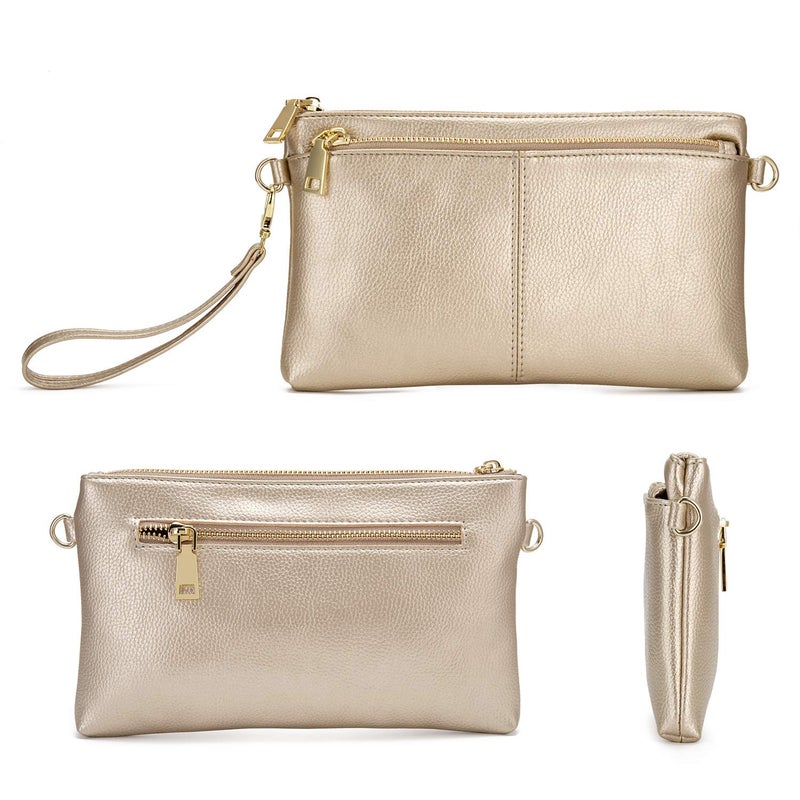 ZOOEASS Triple Zip Small Crossbody Bag Lightweight Purses Vegan Leather Wristlet Clutch, Includes Adjustable Shoulder (Gold) - Image 3