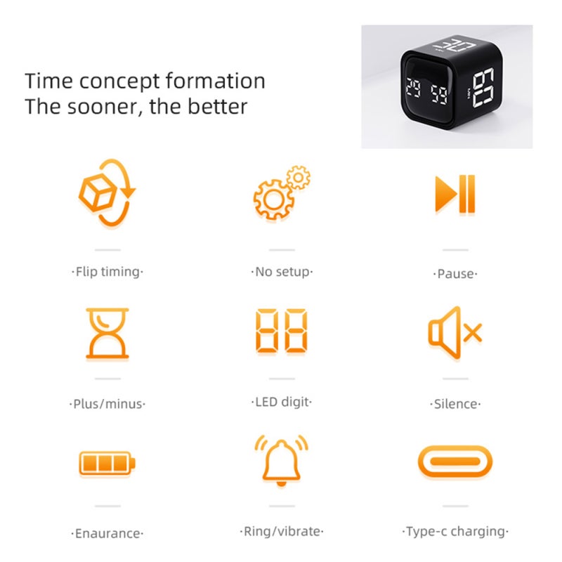 Portable Cube Timer Gravity Sensor Rotating Timer Count Up/Down Function Clock 5/10/30/60 Minutes and Custom with LED Screen Vibrate and Sound Alarm Silent Operation for Kids Kitchen Time Management - Image 2