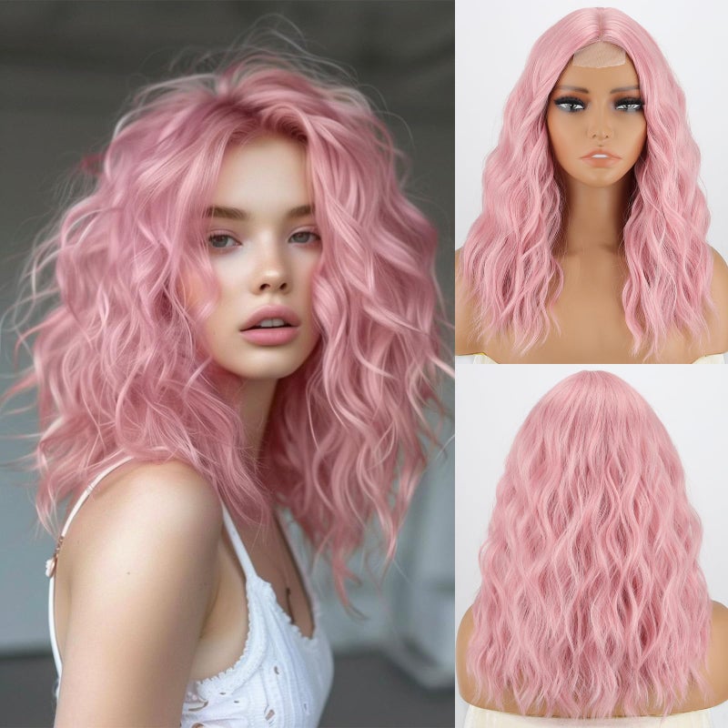 MISSQUEEN 18Inch Shrot Wavy Pink Wigs for Women Synthetic Heatresistant Natural Realistic Middle Parting Light Pink Hair for Everyday Hairstyle Cosplay Party Halloween Use - Image 2
