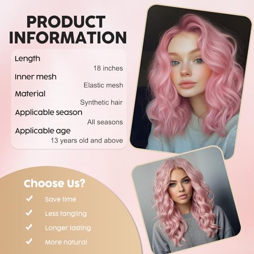 MISSQUEEN 18Inch Shrot Wavy Pink Wigs for Women Synthetic Heatresistant Natural Realistic Middle Parting Light Pink Hair for Everyday Hairstyle Cosplay Party Halloween Use - Image 3