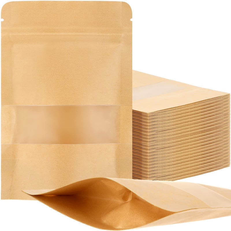 Leelosp Leelosp 300 Pcs Kraft Bags with Window 4 x 6 Inch Kraft Stand up Paper Bags Reusable Food Storage Pouches Heat Sealable Zipper Sealing Pouches Bulk for Packaging BusinessBrown 