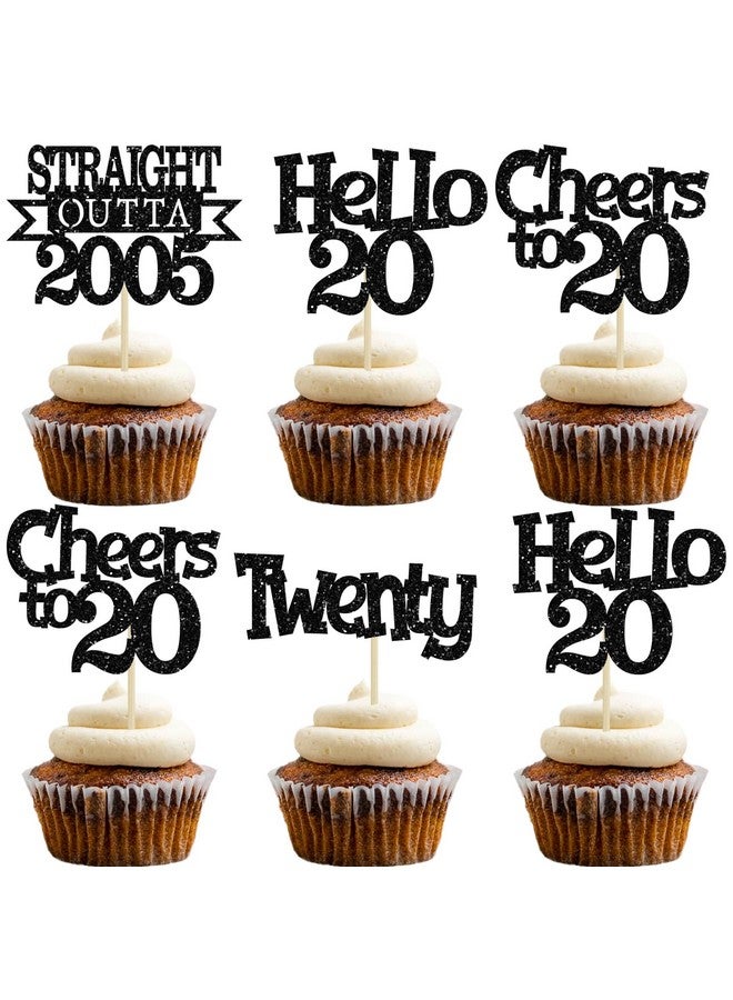 Ephlyn إيفلين 24 قطعة من زينة كعكة عيد الميلاد العشرين مع لمسة من البريق مباشرة من 2005، أعواد كعكة مرحبًا 20، هيا نحتفل بـ 20 عامًا، زينة كعكة لعيد الميلاد العشرين، لوازم حفلات الذكرى العشرين باللون الأسود - Image 1