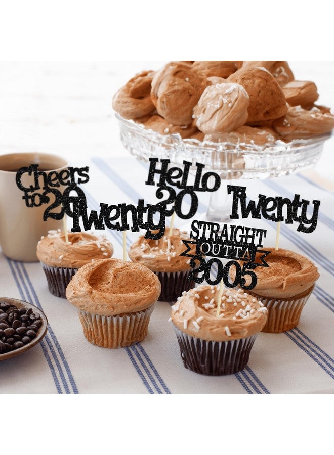 Ephlyn إيفلين 24 قطعة من زينة كعكة عيد الميلاد العشرين مع لمسة من البريق مباشرة من 2005، أعواد كعكة مرحبًا 20، هيا نحتفل بـ 20 عامًا، زينة كعكة لعيد الميلاد العشرين، لوازم حفلات الذكرى العشرين باللون الأسود - Image 4