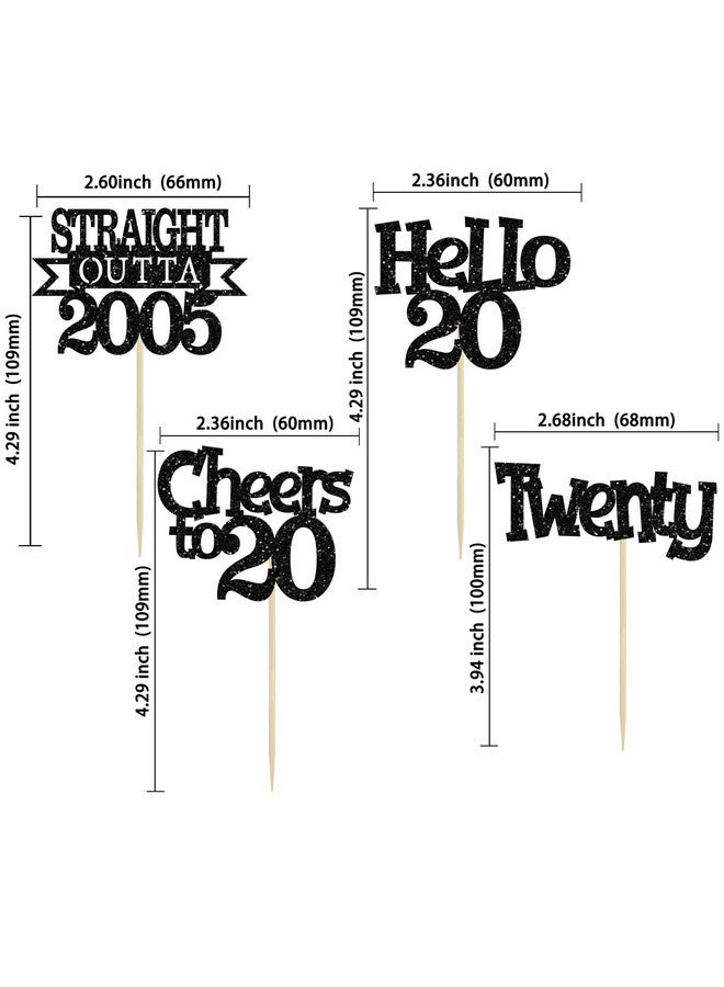 Ephlyn إيفلين 24 قطعة من زينة كعكة عيد الميلاد العشرين مع لمسة من البريق مباشرة من 2005، أعواد كعكة مرحبًا 20، هيا نحتفل بـ 20 عامًا، زينة كعكة لعيد الميلاد العشرين، لوازم حفلات الذكرى العشرين باللون الأسود - Image 2