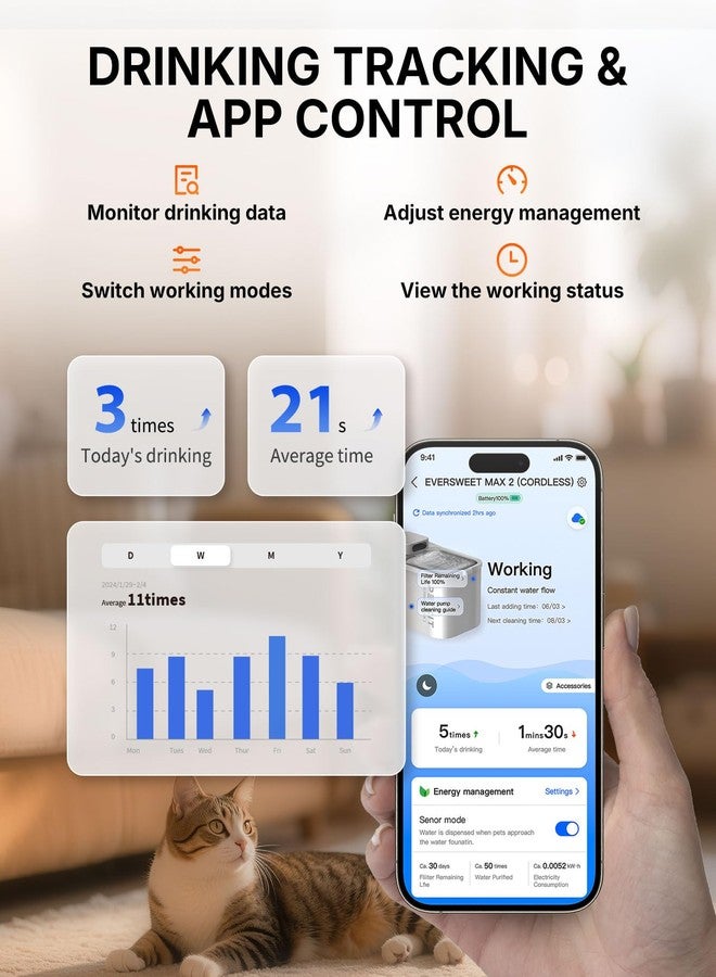 بيت كيت - وعاء شرب للقطط، آمن للغسل في غسالة الأطباق، لاسلكي، يعمل بمستشعر حركة أوتوماتيكي، سعة 3 لترات (101 أونصة) للقطط والكلاب داخل المنزل، تحكم ذكي عبر تطبيق الهاتف - Image 5