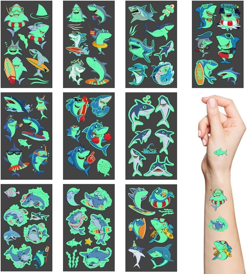 Luminous Shark Temporary Tattoos10 Sheet Glow in the Dark Shark Birthday Decorations Ocean Animal Under Sea Kids for Kids Girls Birthday Gifts Party Favor Supplies