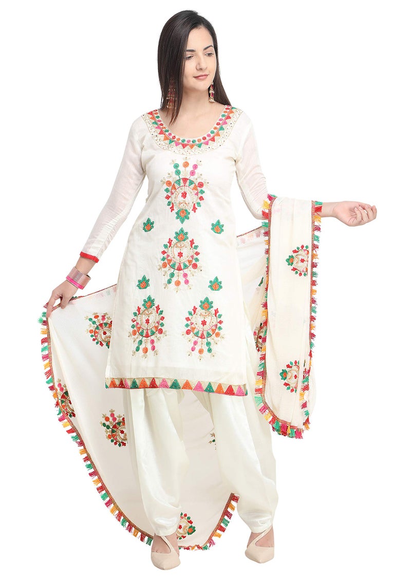 EthnicJunction Chanderi Cotton Embroidered Unstitched Costume Dress with Lace Tassel, white, One Size - Image 1