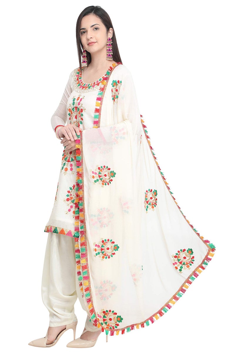EthnicJunction Chanderi Cotton Embroidered Unstitched Costume Dress with Lace Tassel, white, One Size - Image 2