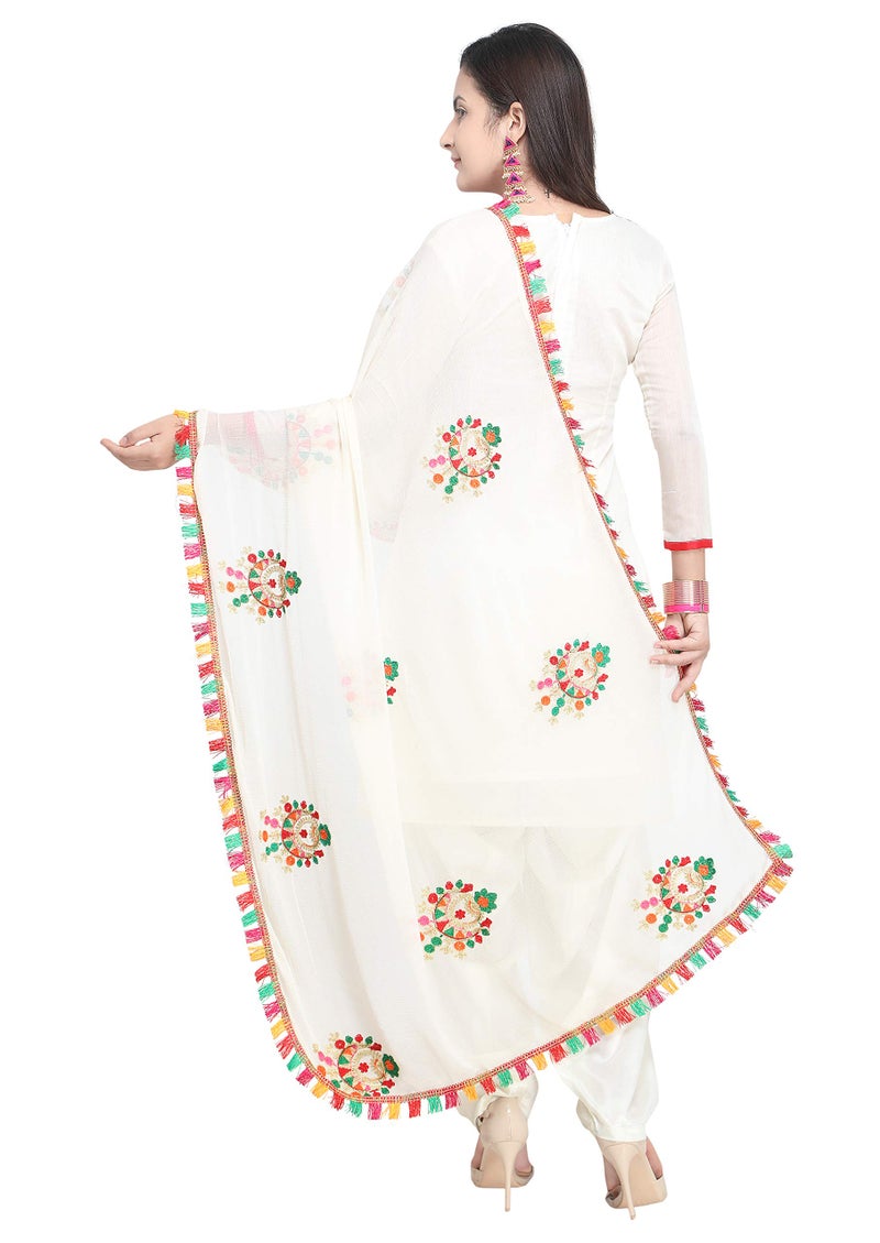EthnicJunction Chanderi Cotton Embroidered Unstitched Costume Dress with Lace Tassel, white, One Size - Image 3