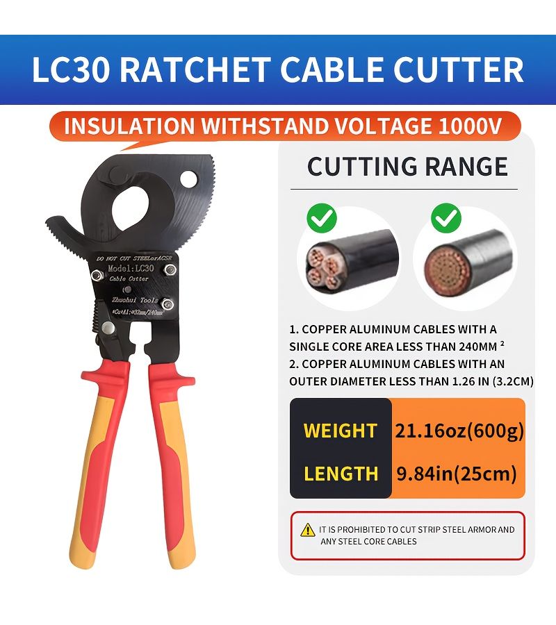 Cable Cutter Shear Ratchet Electrician Manual Wire Pliers LC30 Labor Saving Scissors - Image 1