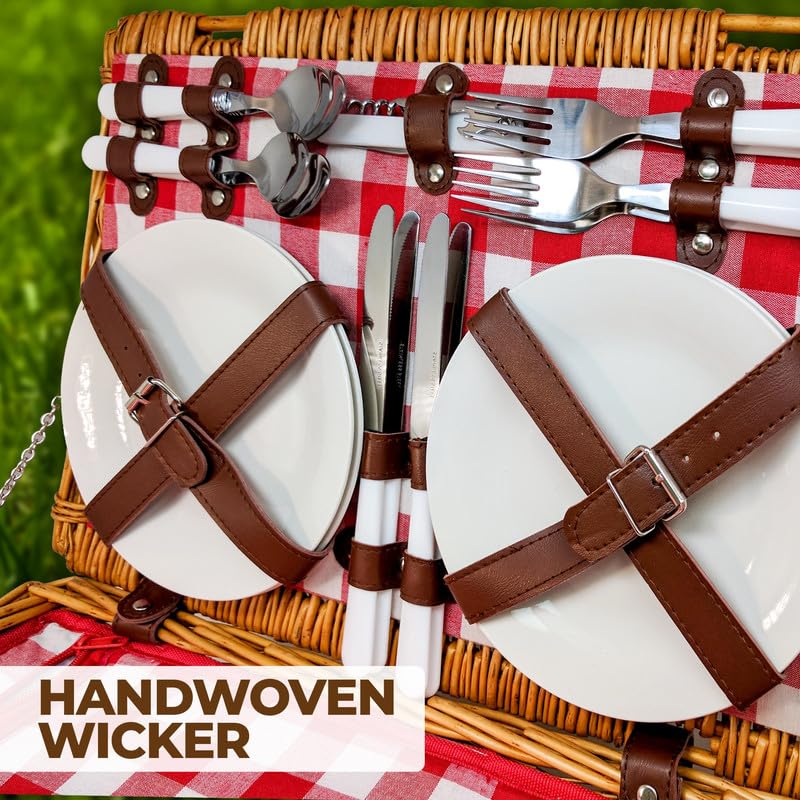 Nature Gear Picnic Basket, Wicker Basket with Handle for Outdoors, Insulated Woven Basket, Includes a Service Kit of Dinnerware & Wine Glasses, Picnic Basket Set for 4 with Blanket, Red & White - Image 3