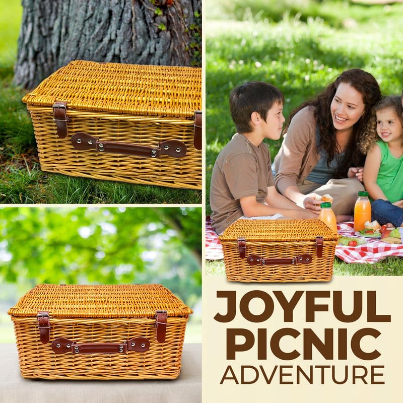 Nature Gear Picnic Basket, Wicker Basket with Handle for Outdoors, Insulated Woven Basket, Includes a Service Kit of Dinnerware & Wine Glasses, Picnic Basket Set for 4 with Blanket, Red & White - Image 4