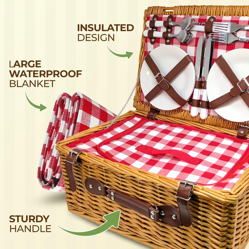 Nature Gear Picnic Basket, Wicker Basket with Handle for Outdoors, Insulated Woven Basket, Includes a Service Kit of Dinnerware & Wine Glasses, Picnic Basket Set for 4 with Blanket, Red & White - Image 2
