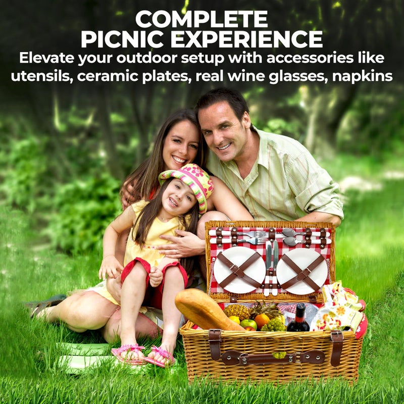 Nature Gear Picnic Basket, Wicker Basket with Handle for Outdoors, Insulated Woven Basket, Includes a Service Kit of Dinnerware & Wine Glasses, Picnic Basket Set for 4 with Blanket, Red & White - Image 5