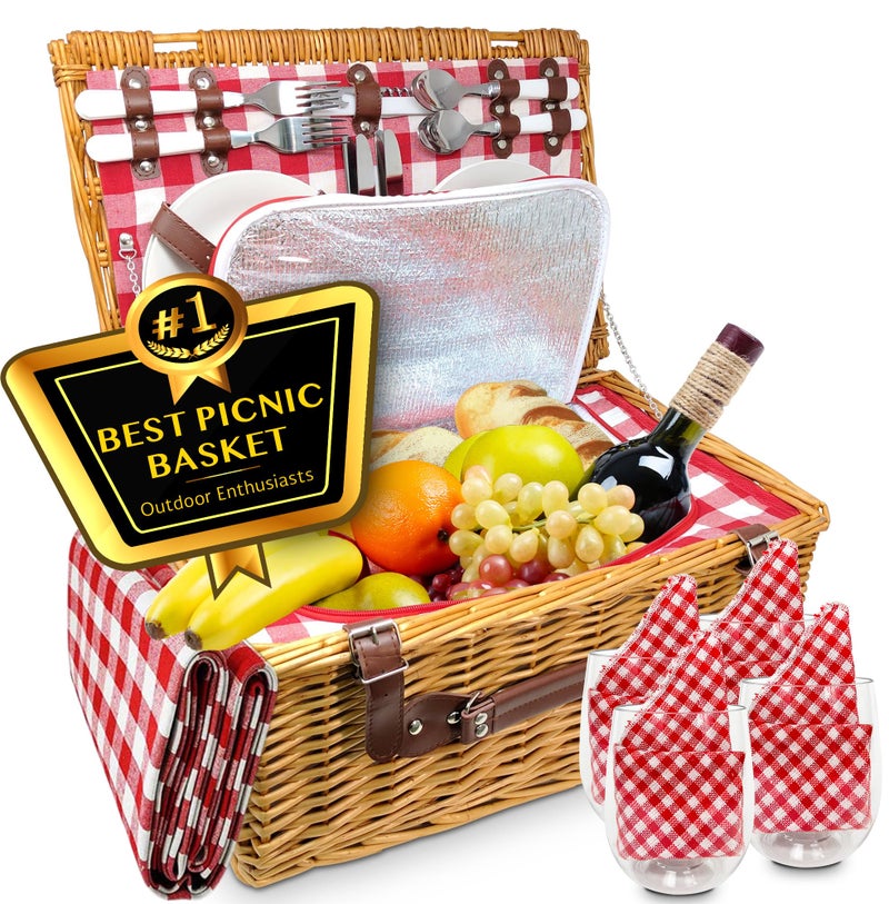 Nature Gear Picnic Basket, Wicker Basket with Handle for Outdoors, Insulated Woven Basket, Includes a Service Kit of Dinnerware & Wine Glasses, Picnic Basket Set for 4 with Blanket, Red & White - Image 1