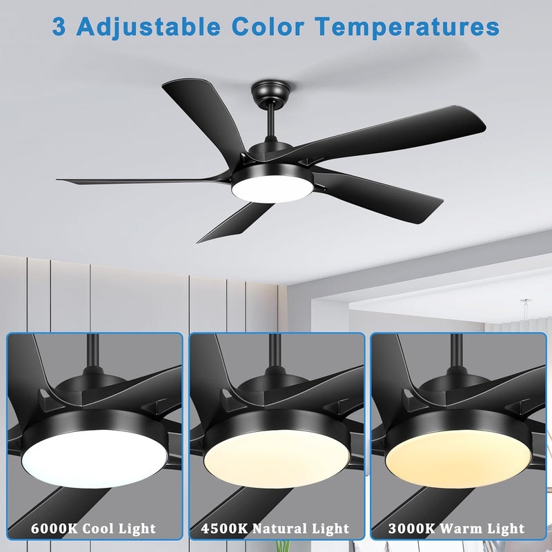 Ohniyou 60’’ Ceiling Fan with Lights and Remote - Black Modern Ceiling Fan with 6 Speeds, 3CCT, Silent DC Motor, Reversible, Large Indoor Outdoor Ceiling Fans for Patio Bedroom Living Room - Image 5