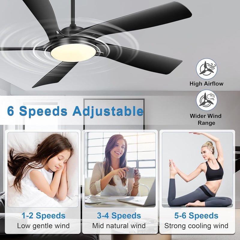 Ohniyou 60’’ Ceiling Fan with Lights and Remote - Black Modern Ceiling Fan with 6 Speeds, 3CCT, Silent DC Motor, Reversible, Large Indoor Outdoor Ceiling Fans for Patio Bedroom Living Room - Image 4