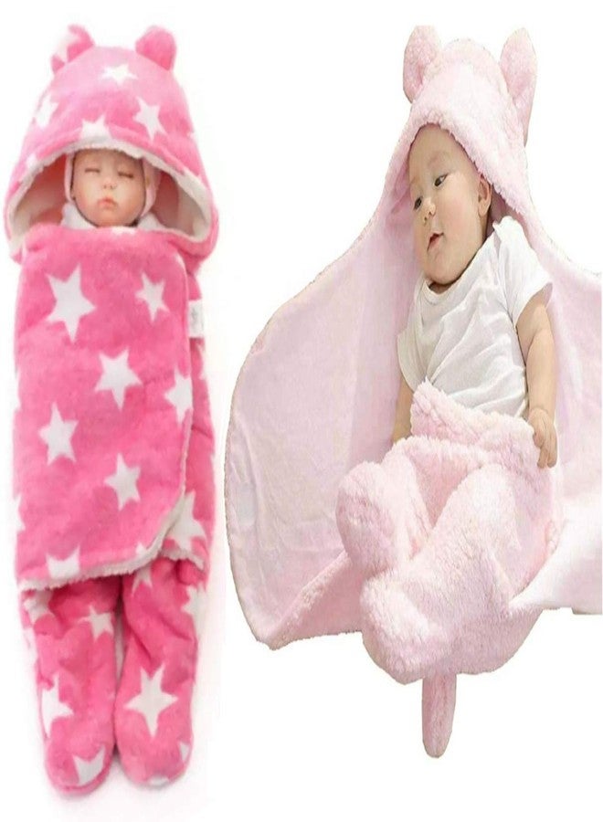 First Kick مجموعة بطانيات الأطفال حديثي الولادة من فيرست كيك، فائقة النعومة، قابلة للارتداء، مصنوعة من الصوف والبوليستر المتين، تُستخدم ككيس نوم للأطفال الرضع (76 سم × 70 سم، من 0 إلى 6 أشهر)، لون وردي سادة، ووردي بنقشة نجوم. - Image 1