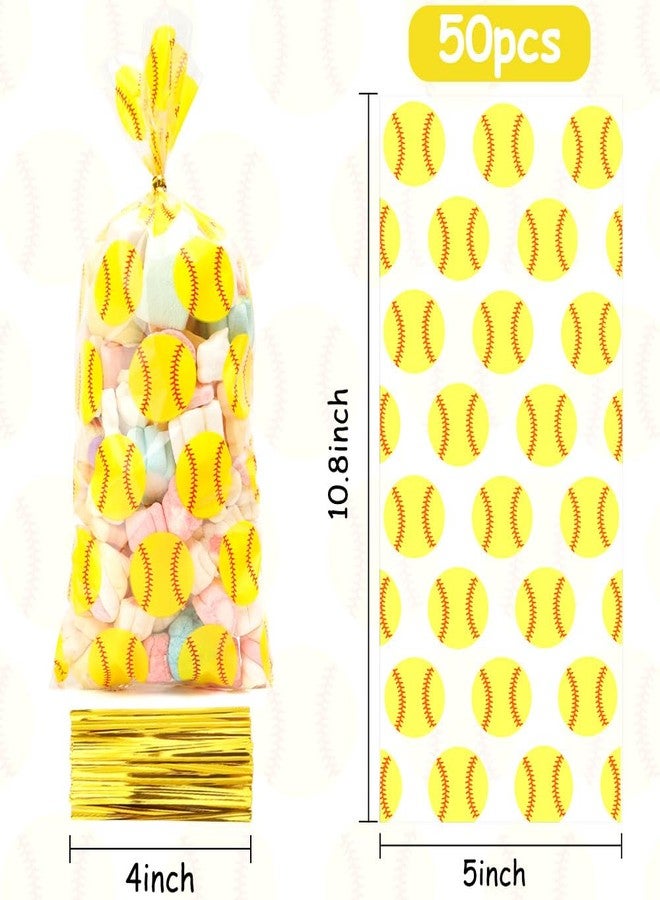 eowqeiur 50 PCS Plastic Softball Cellophane Treat bags with Ties Goodie Candy Gift Bags Baby Shower Birthday Sport Gold Balls Game Team Party Decorations Favors Supplies Craft Baseball Pouches Clear(5x11 - Image 2