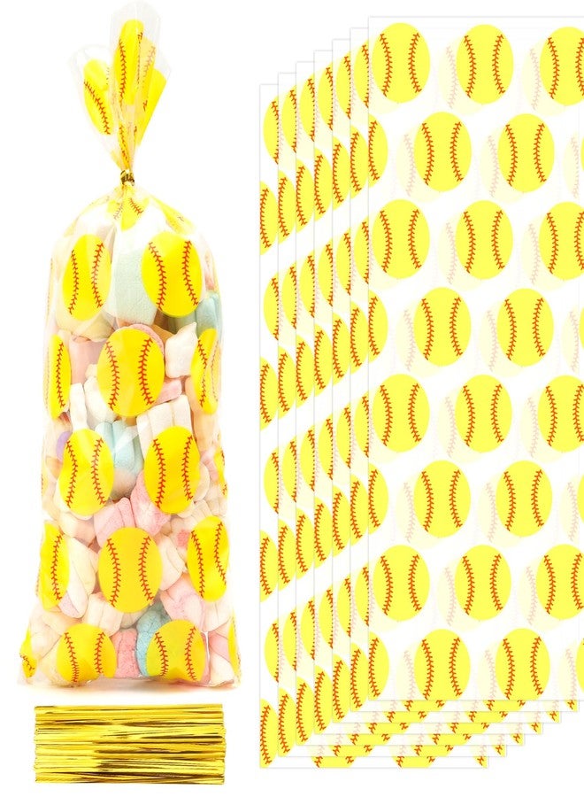 eowqeiur 50 PCS Plastic Softball Cellophane Treat bags with Ties Goodie Candy Gift Bags Baby Shower Birthday Sport Gold Balls Game Team Party Decorations Favors Supplies Craft Baseball Pouches Clear(5x11 - Image 1